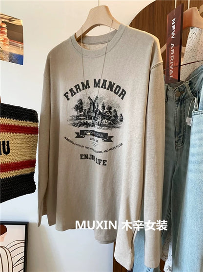 Windmill Castle Thin Snowflake Cotton Spring and Autumn Loose Casual Versatile Slim Long Sleeve Inner Wear Fashion Retro T-shirt