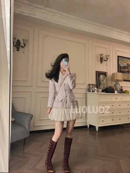 LUOLUOZ 【Autumn Warmth】Elegant Lace-Trimmed Waist-Defining Short Dress, Stunning Goddess Style cc247