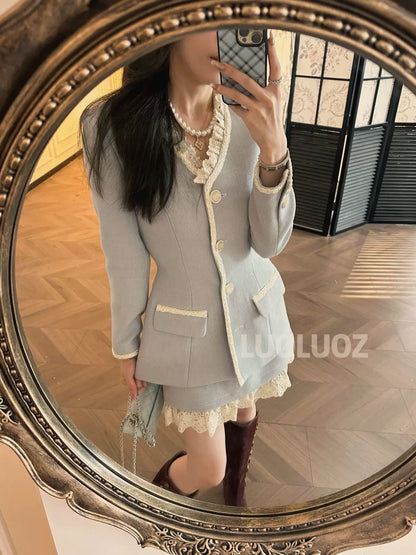 LUOLUOZ [Flower Rendezvous] Elegant Wool Lace Top and Skirt Two-Piece Set CC261