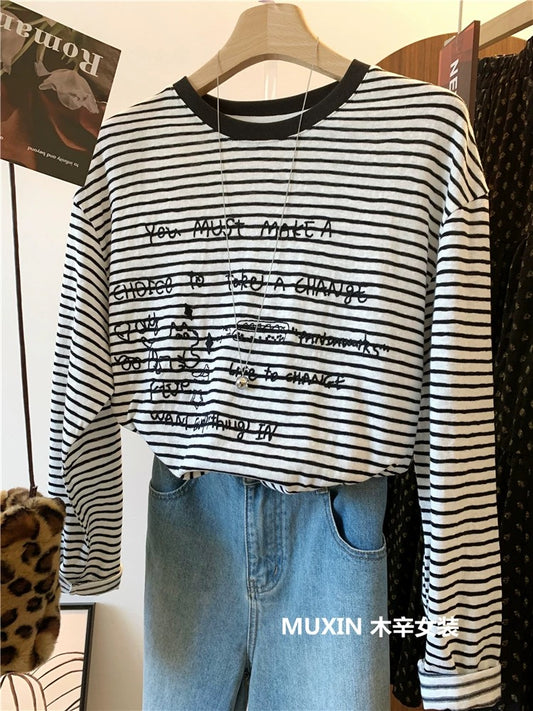 Embroidered puppy letters loose casual fashion striped simple long-sleeved spring and summer women's personalized T-shirt