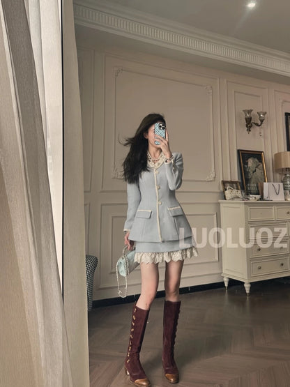 LUOLUOZ [Flower Rendezvous] Elegant Wool Lace Top and Skirt Two-Piece Set CC261