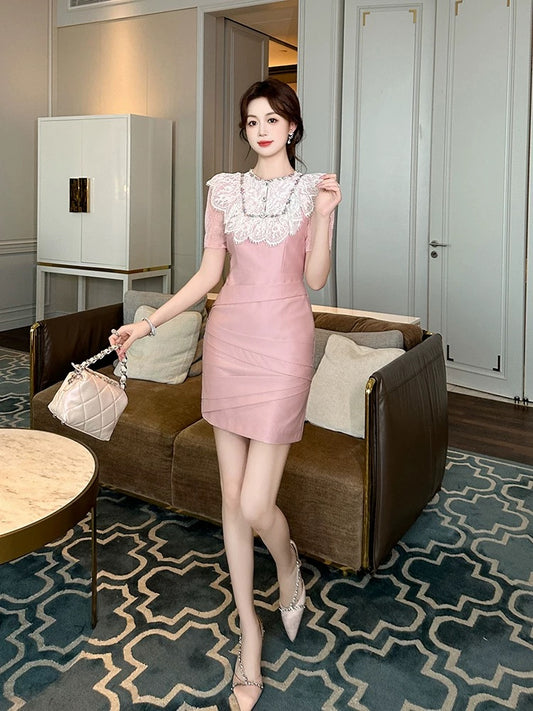 European Station Pink Dress Women's Summer Lace Splicing Diamond-encrusted Heavy Industry Temperament High-end Slim Fit Hip Skirt