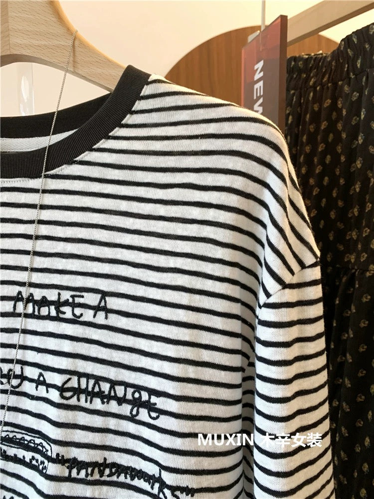 Embroidered puppy letters loose casual fashion striped simple long-sleeved spring and summer women's personalized T-shirt