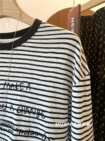 Embroidered puppy letters loose casual fashion striped simple long-sleeved spring and summer women's personalized T-shirt