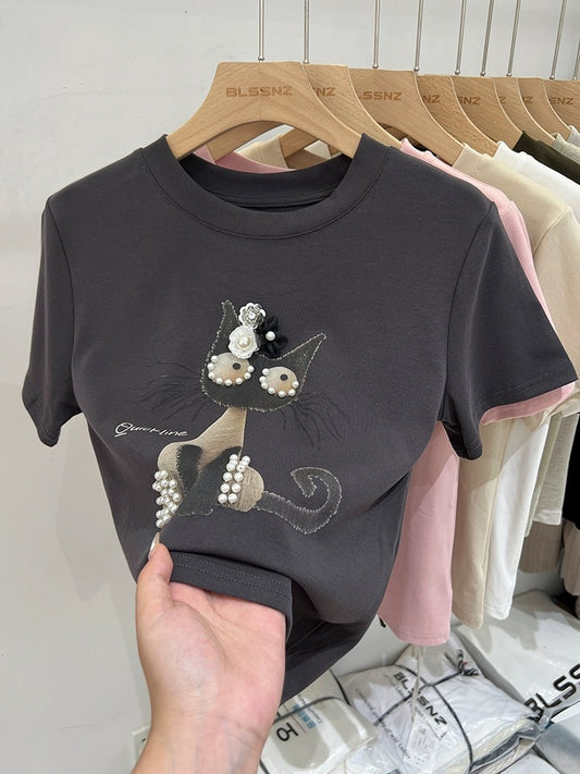 Design-sense printed gray right shoulder short-sleeved T-shirt for women 2024 new summer pure cotton round neck half-sleeved T-shirt top