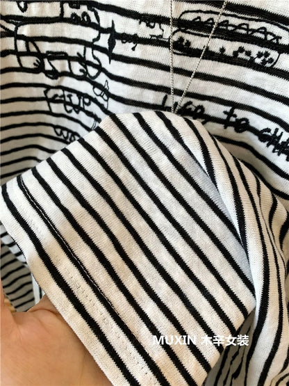 Embroidered puppy letters loose casual fashion striped simple long-sleeved spring and summer women's personalized T-shirt