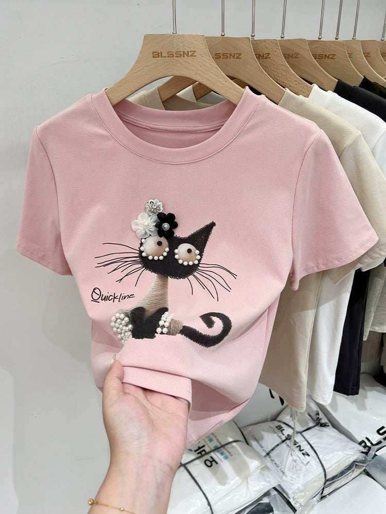 Design-sense printed gray right shoulder short-sleeved T-shirt for women 2024 new summer pure cotton round neck half-sleeved T-shirt top