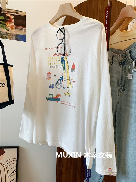 Giraffe print summer refreshing thin soft long-sleeved loose women's youth fashion casual sun protection T-shirt