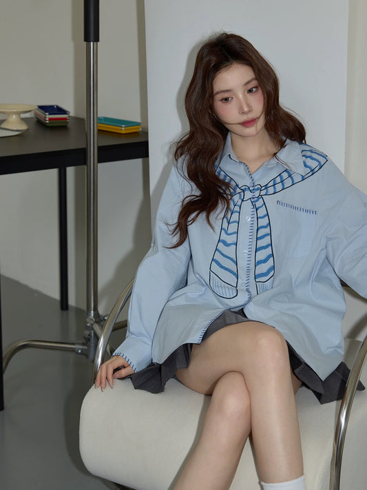 Chaochao's Blue Bow Print Polo Collar Shirt for Women, Spring 2026, Lazy Loose Casual Long-Sleeved Shirt