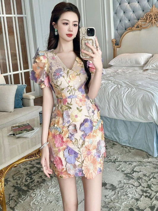 European station v-neck dress summer women's heavy industry three-dimensional flower waist slimming temperament small butt-covering short skirt