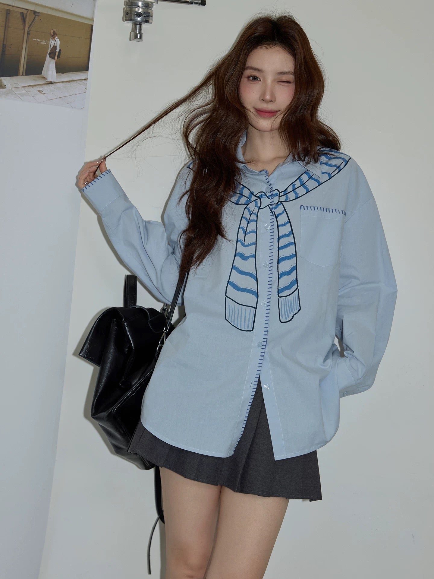 Chaochao's Blue Bow Print Polo Collar Shirt for Women, Spring 2026, Lazy Loose Casual Long-Sleeved Shirt