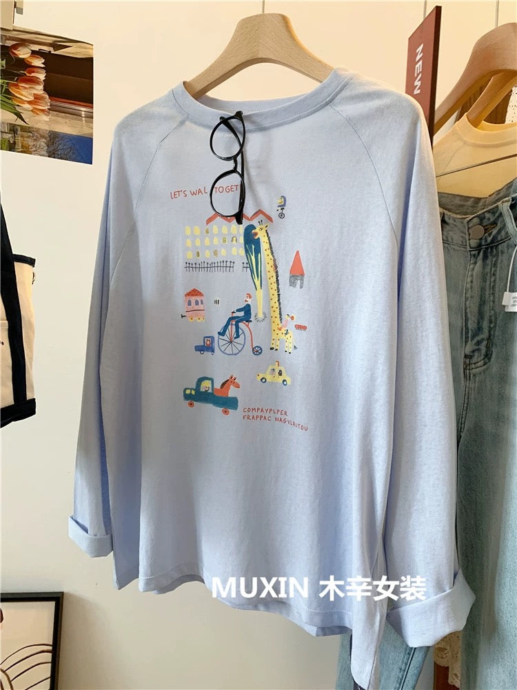 Giraffe print summer refreshing thin soft long-sleeved loose women's youth fashion casual sun protection T-shirt