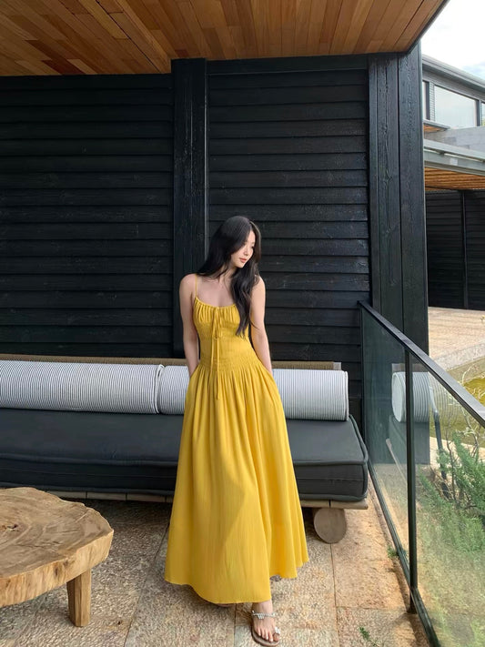 Summer Blue Rain SMBL RAIN Yellow Instagram Style Flattering Elastic Waist-cinching High-end Suspender Dress for Women Summer