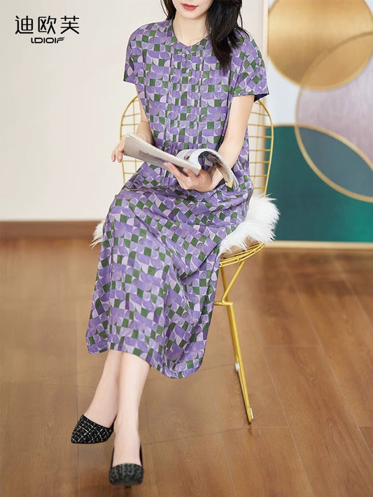 Diofu Mom Summer Dress 2024 New Style Versatile Slim Reversible Mid-Length Summer Short-Sleeved Dress