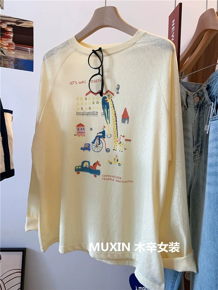 Giraffe print summer refreshing thin soft long-sleeved loose women's youth fashion casual sun protection T-shirt