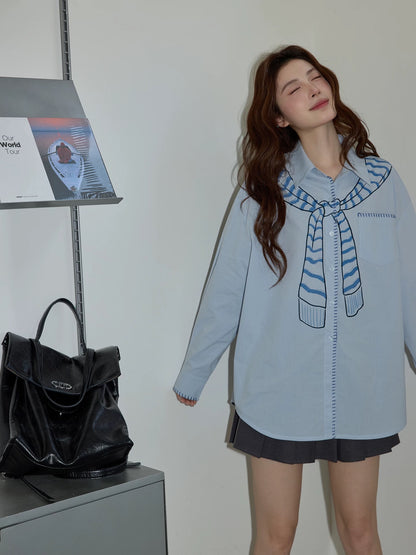 Chaochao's Blue Bow Print Polo Collar Shirt for Women, Spring 2026, Lazy Loose Casual Long-Sleeved Shirt