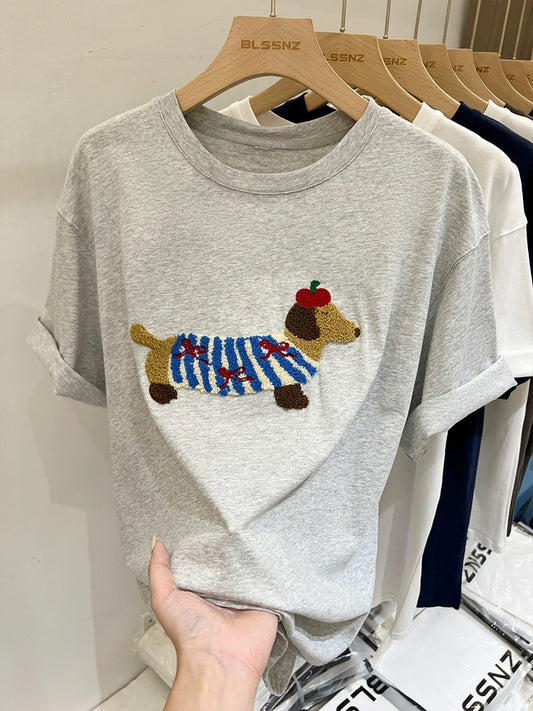Gray cotton right shoulder short-sleeved t-shirt for women summer 2024 new puppy three-dimensional embroidered t-shirt loose top trendy