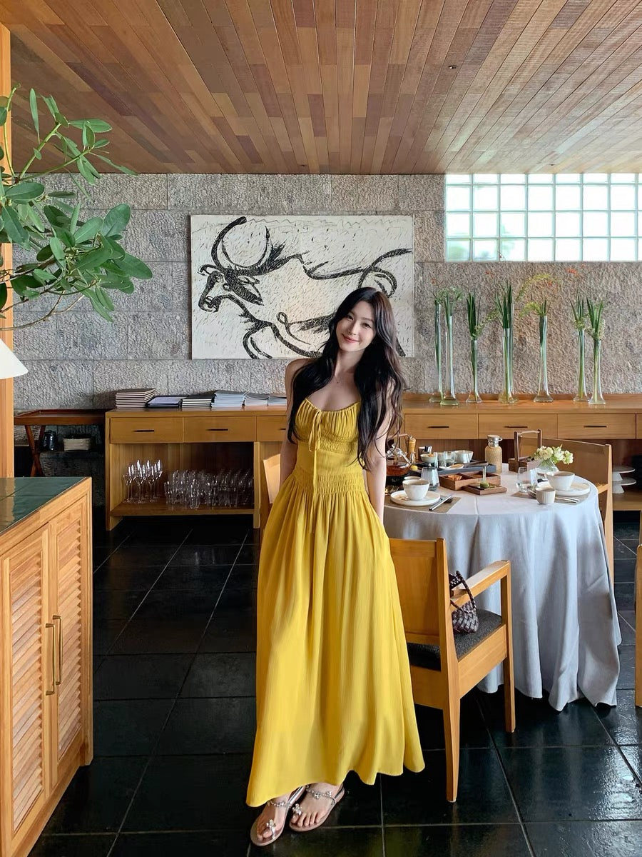 Summer Blue Rain SMBL RAIN Yellow Instagram Style Flattering Elastic Waist-cinching High-end Suspender Dress for Women Summer