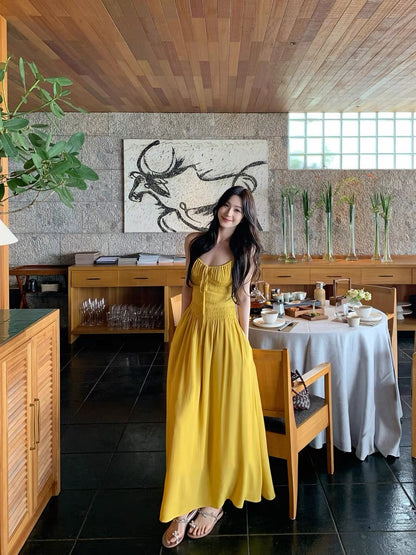 Summer Blue Rain SMBL RAIN Yellow Instagram Style Flattering Elastic Waist-cinching High-end Suspender Dress for Women Summer