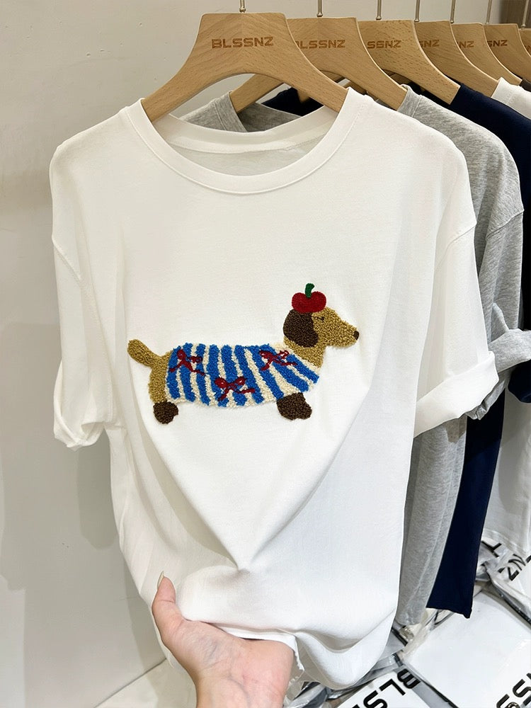 Gray cotton right shoulder short-sleeved t-shirt for women summer 2024 new puppy three-dimensional embroidered t-shirt loose top trendy