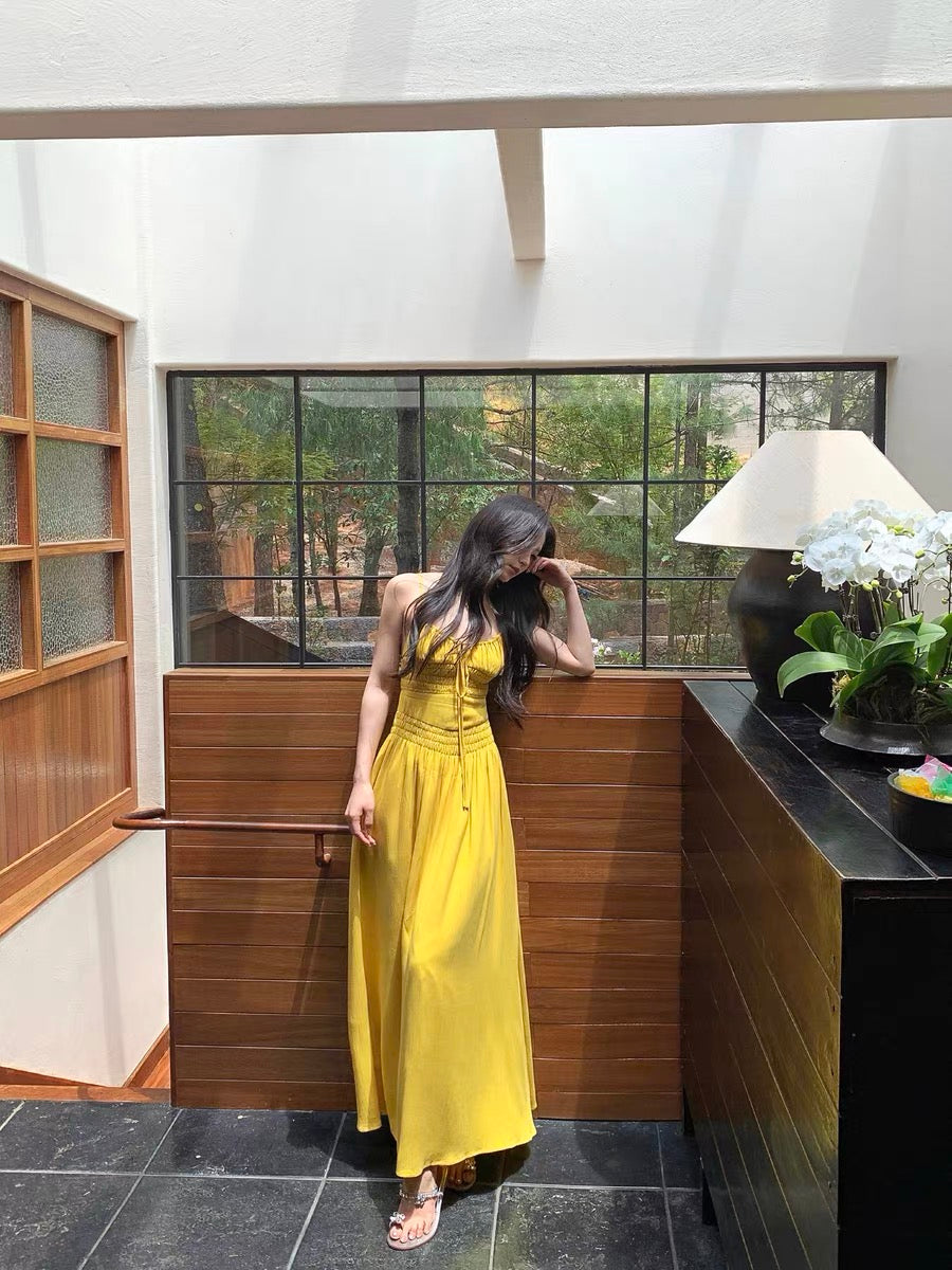 Summer Blue Rain SMBL RAIN Yellow Instagram Style Flattering Elastic Waist-cinching High-end Suspender Dress for Women Summer