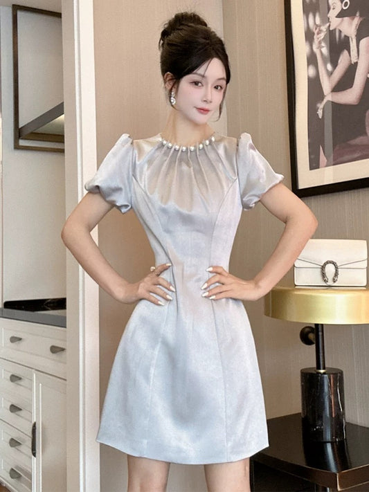 European station blue high-end dress for women summer pearl collar high-end celebrity temperament waist slimming A-line skirt