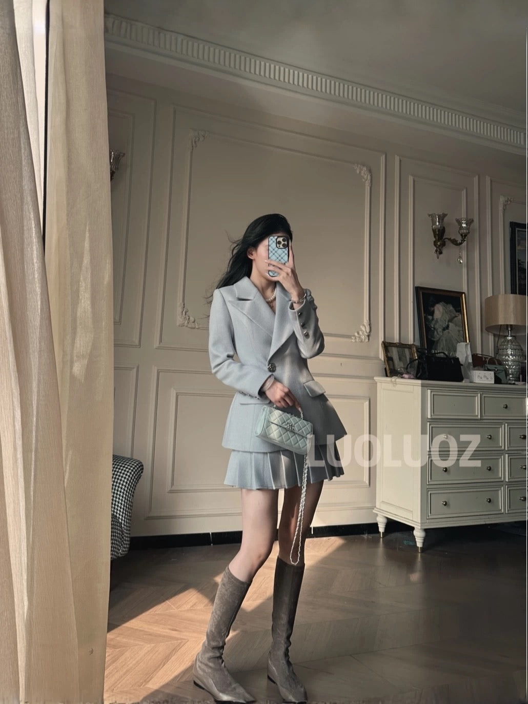 LUOLUOZ [Under the Cherry Blossom Tree] Exquisite Wool Top and Jacket + Short Skirt Two-Piece Set JF108