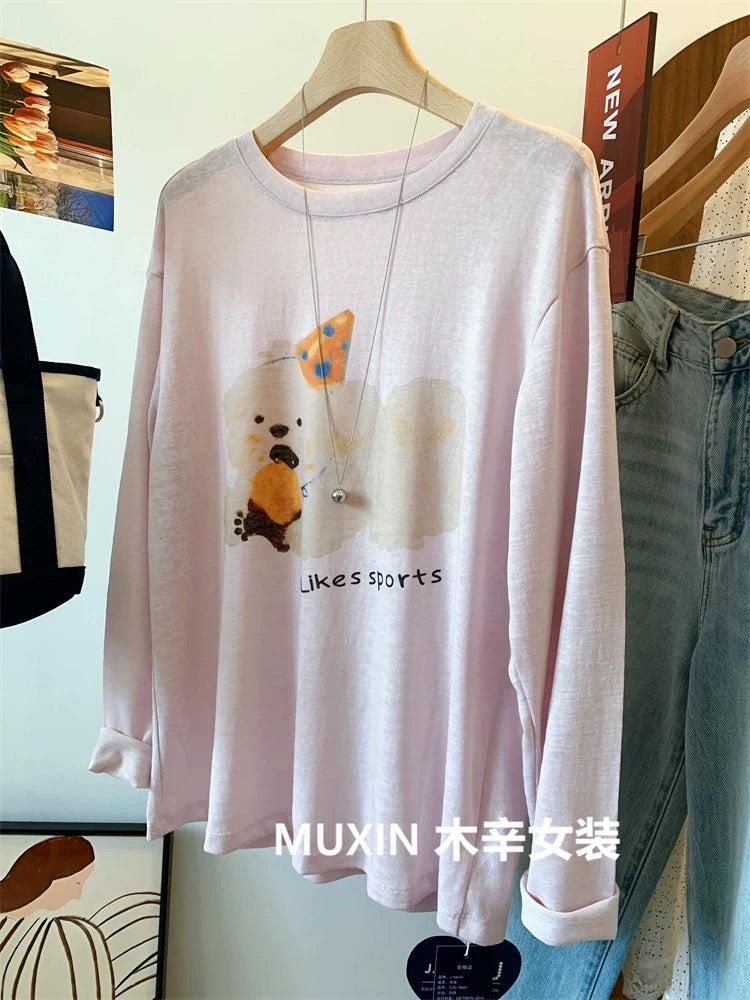 Snowflake cotton thin cute puppy print early autumn thin long sleeve loose sun protection women's Korean version T-shirt