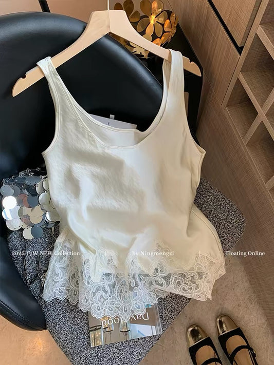 French-style lace-trimmed acetate satin camisole for women, new summer 2025 style, elegant and sophisticated outerwear.