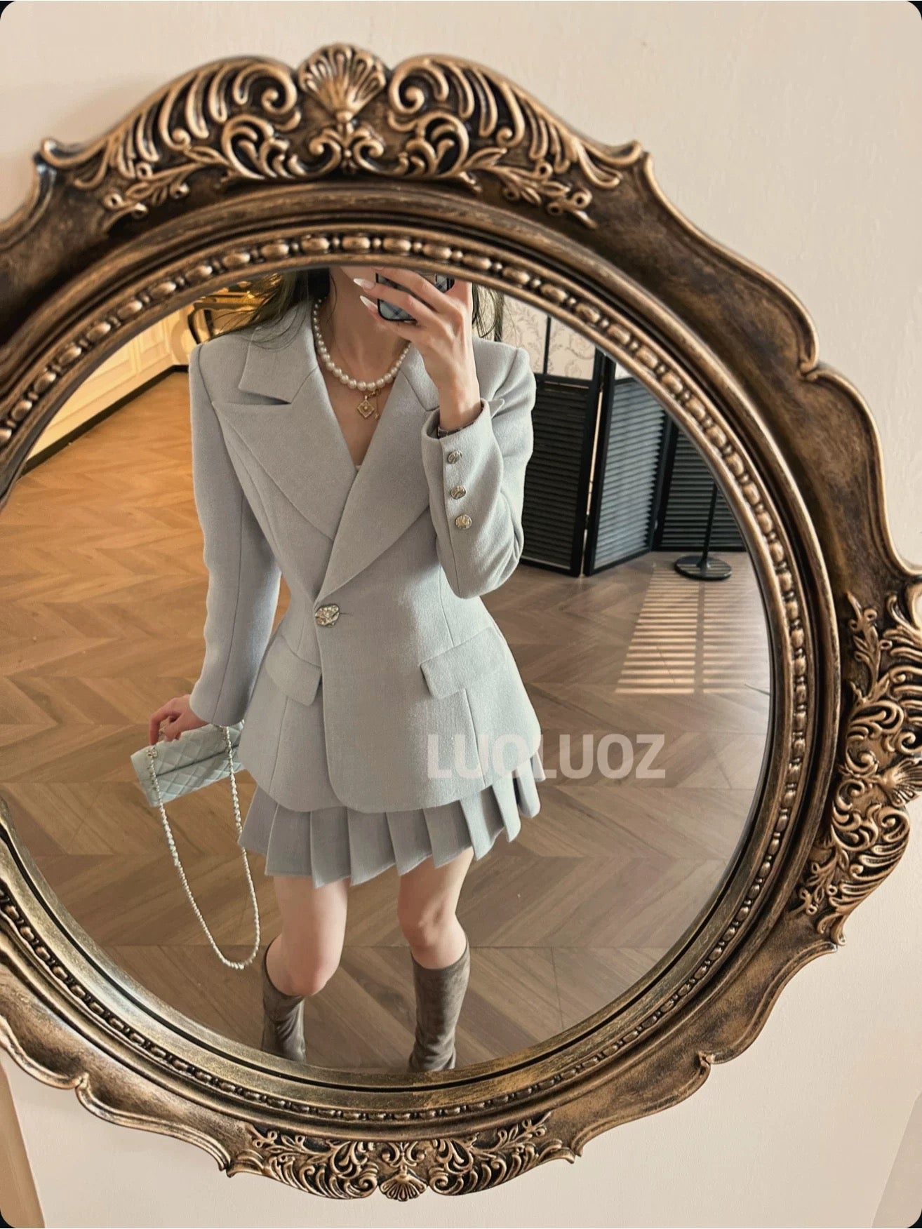 LUOLUOZ [Under the Cherry Blossom Tree] Exquisite Wool Top and Jacket + Short Skirt Two-Piece Set JF108