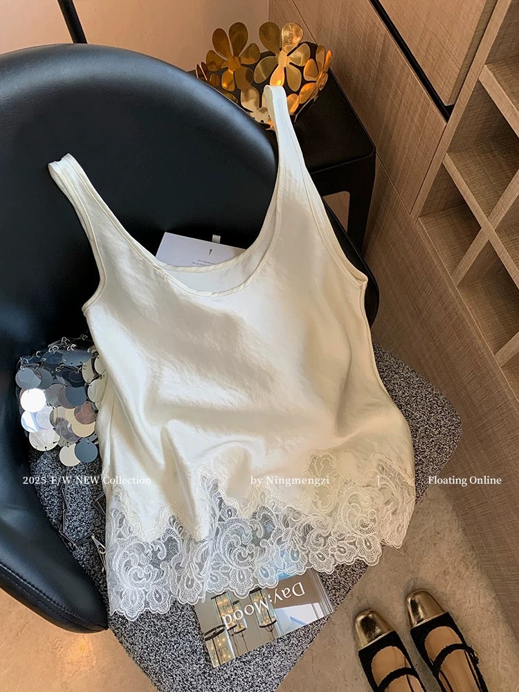 French-style lace-trimmed acetate satin camisole for women, new summer 2025 style, elegant and sophisticated outerwear.