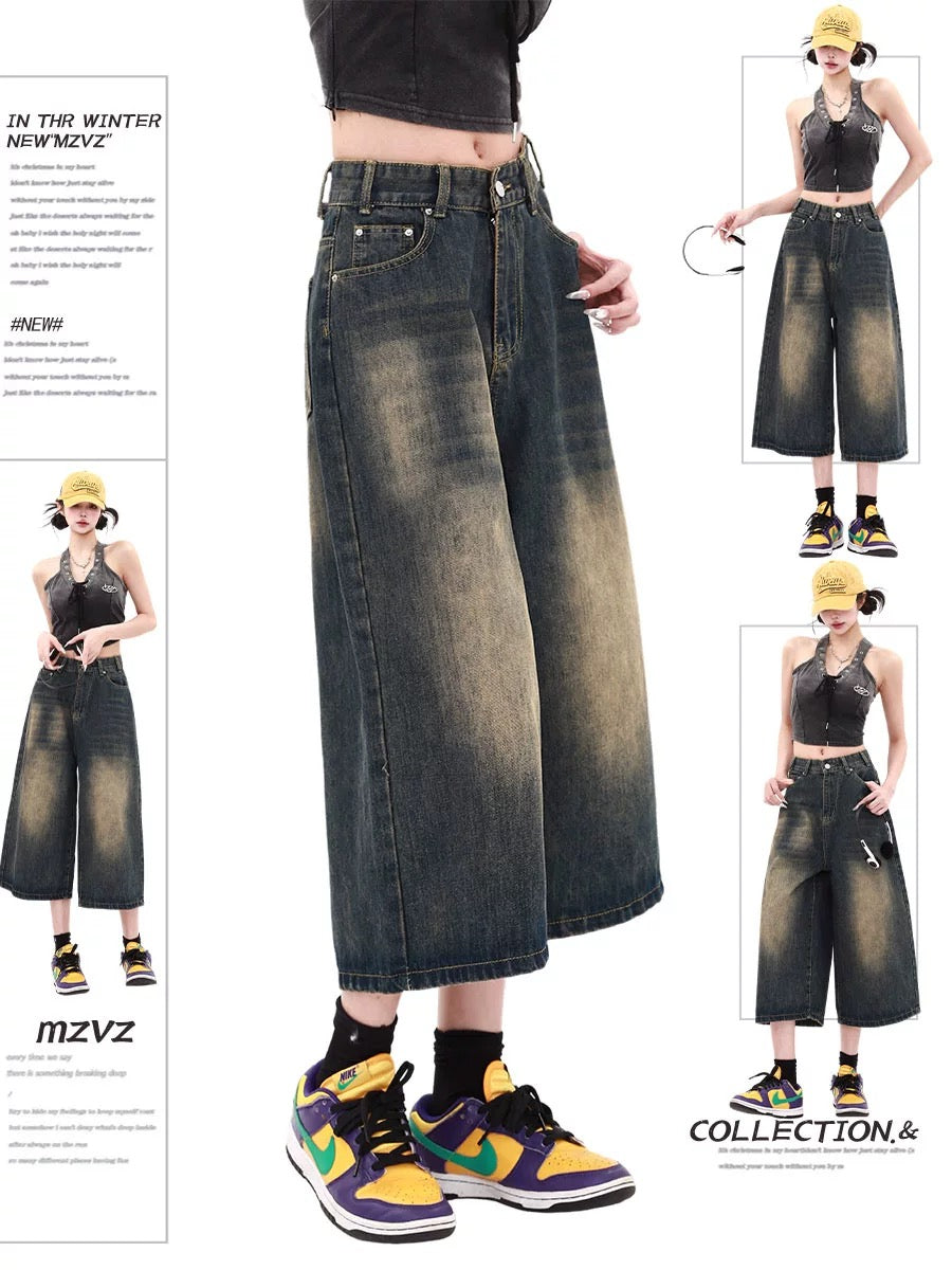 MZVZ American retro old wide-leg cropped jeans women's summer new hot girl high waist loose slim shorts