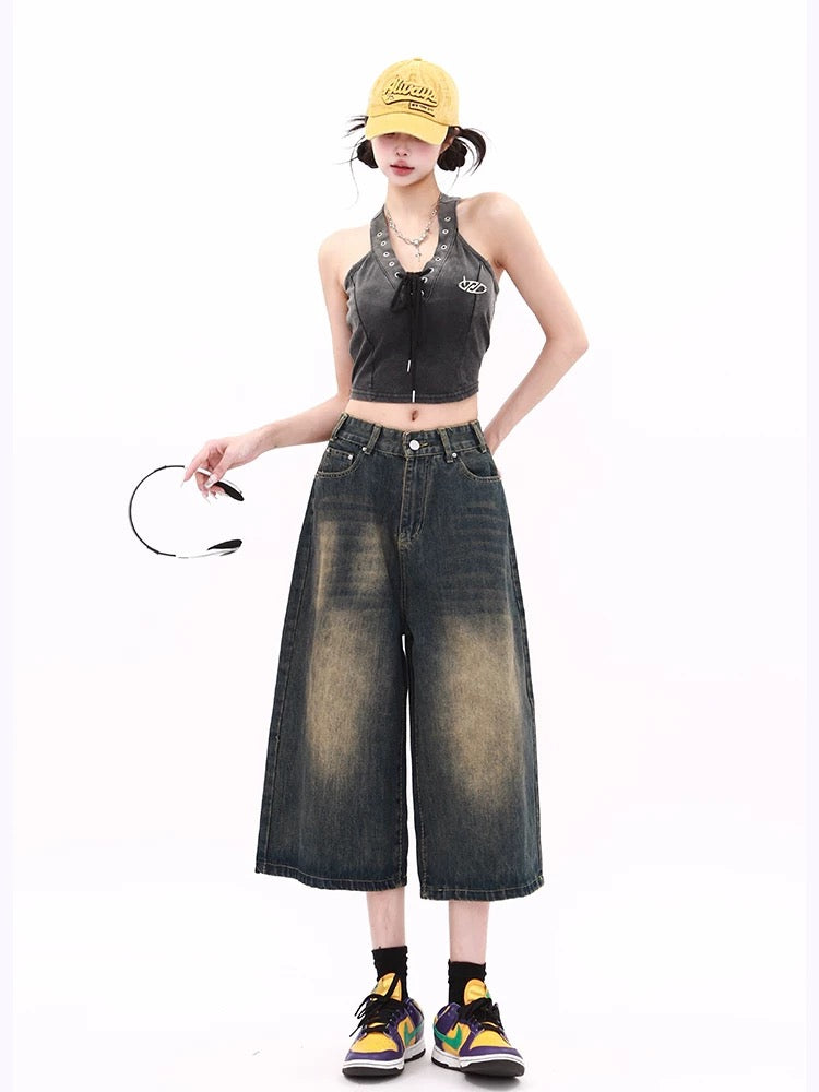 MZVZ American retro old wide-leg cropped jeans women's summer new hot girl high waist loose slim shorts