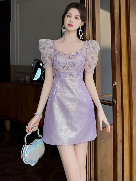 European Station's Beautiful Temperament Dress Women's Summer Lace Splicing French Square Neck Super Beautiful High-end Short Skirt
