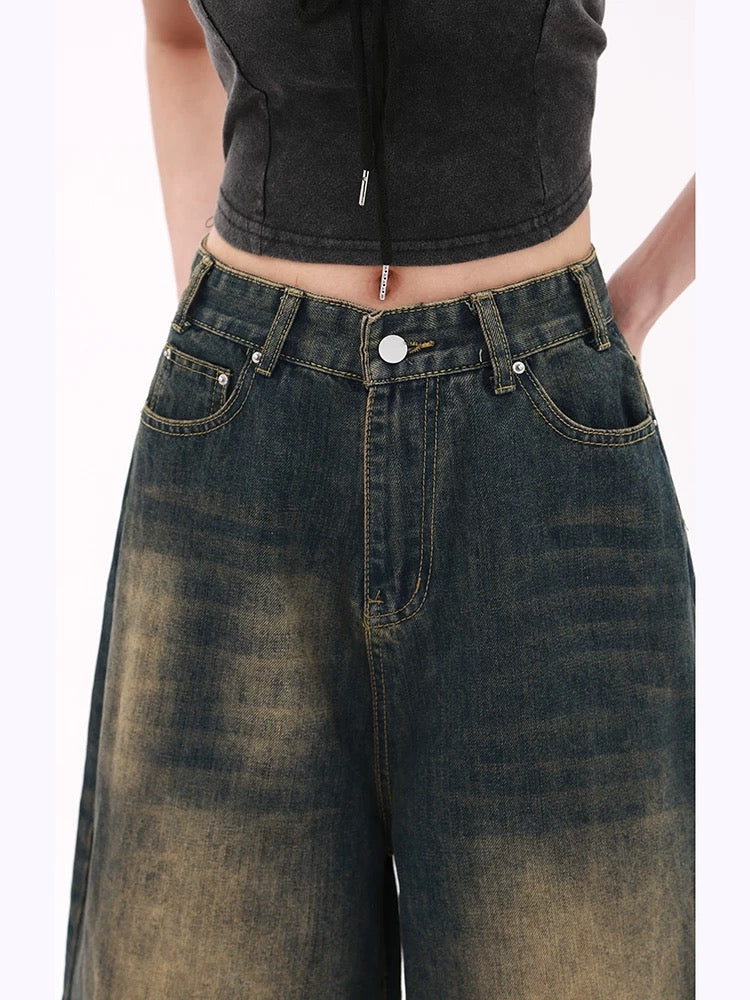 MZVZ American retro old wide-leg cropped jeans women's summer new hot girl high waist loose slim shorts