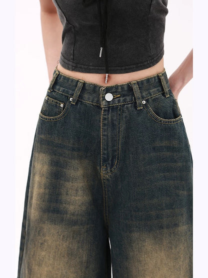 MZVZ American retro old wide-leg cropped jeans women's summer new hot girl high waist loose slim shorts