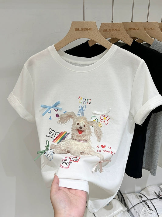 Puppy print round neck white short-sleeved T-shirt for women summer 2024 new style bow tie loose top women's trendy