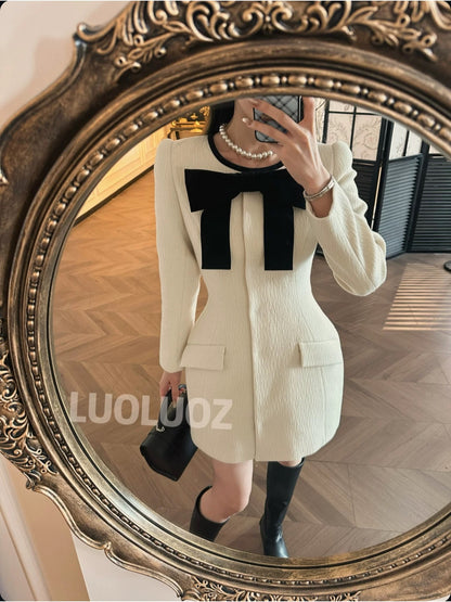 LUOLUOZ [Muse Lover] Sheep Wool Patchwork Bow-Knot Waist-Defining Jacket + Pants Two-Piece Set JF106