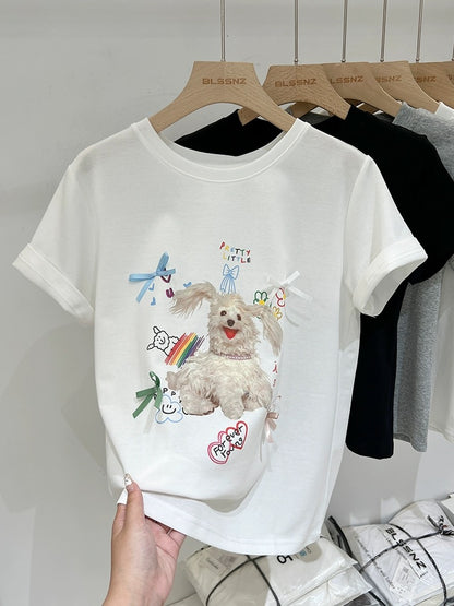 Puppy print round neck white short-sleeved T-shirt for women summer 2024 new style bow tie loose top women's trendy