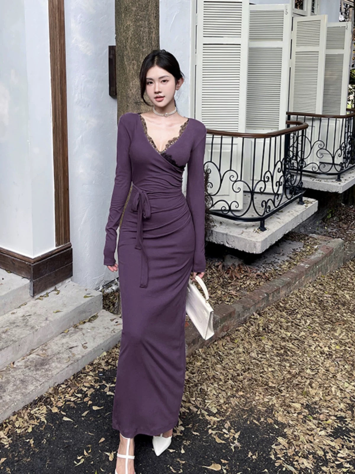 GirlsAt18 Sexy Lace Spliced Long Sleeve Dress Women's Autumn and Winter Waist Dress Royal Sister Style Purple Long Dress