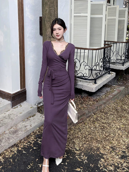 GirlsAt18 Sexy Lace Spliced Long Sleeve Dress Women's Autumn and Winter Waist Dress Royal Sister Style Purple Long Dress
