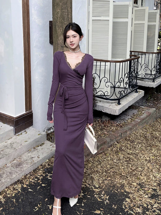 GirlsAt18 Sexy Lace Spliced Long Sleeve Dress Women's Autumn and Winter Waist Dress Royal Sister Style Purple Long Dress
