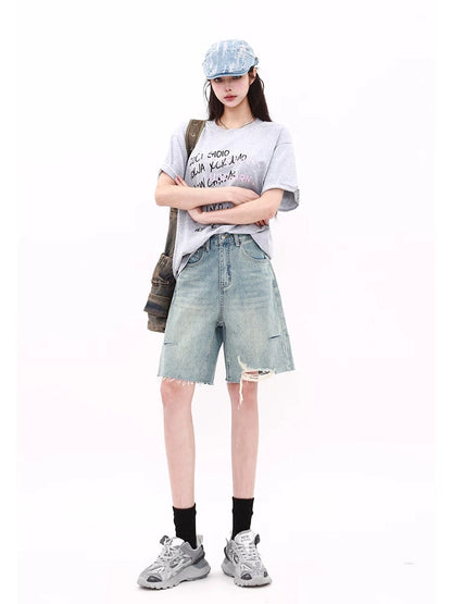 MZVZ American retro light blue five-point denim shorts women's summer high waist straight ripped wide-leg pants mid-length pants