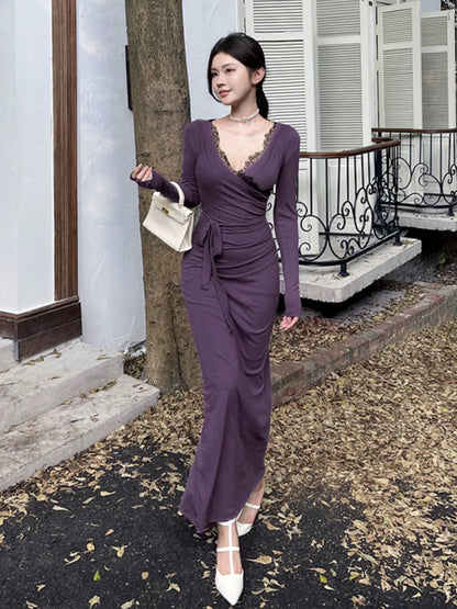 GirlsAt18 Sexy Lace Spliced Long Sleeve Dress Women's Autumn and Winter Waist Dress Royal Sister Style Purple Long Dress