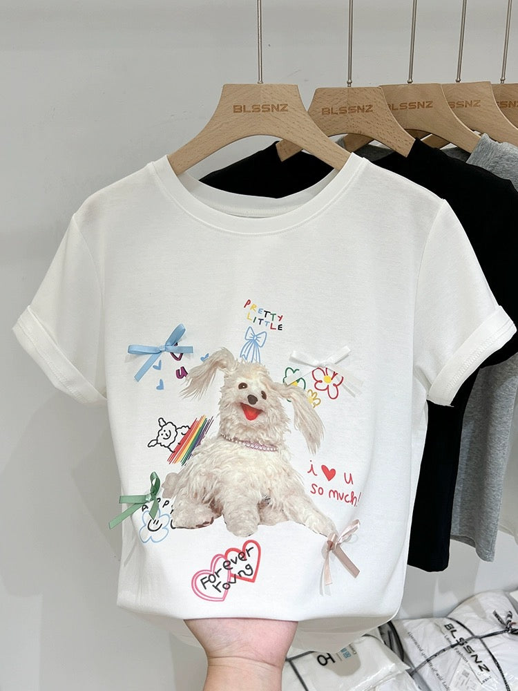 Puppy print round neck white short-sleeved T-shirt for women summer 2024 new style bow tie loose top women's trendy