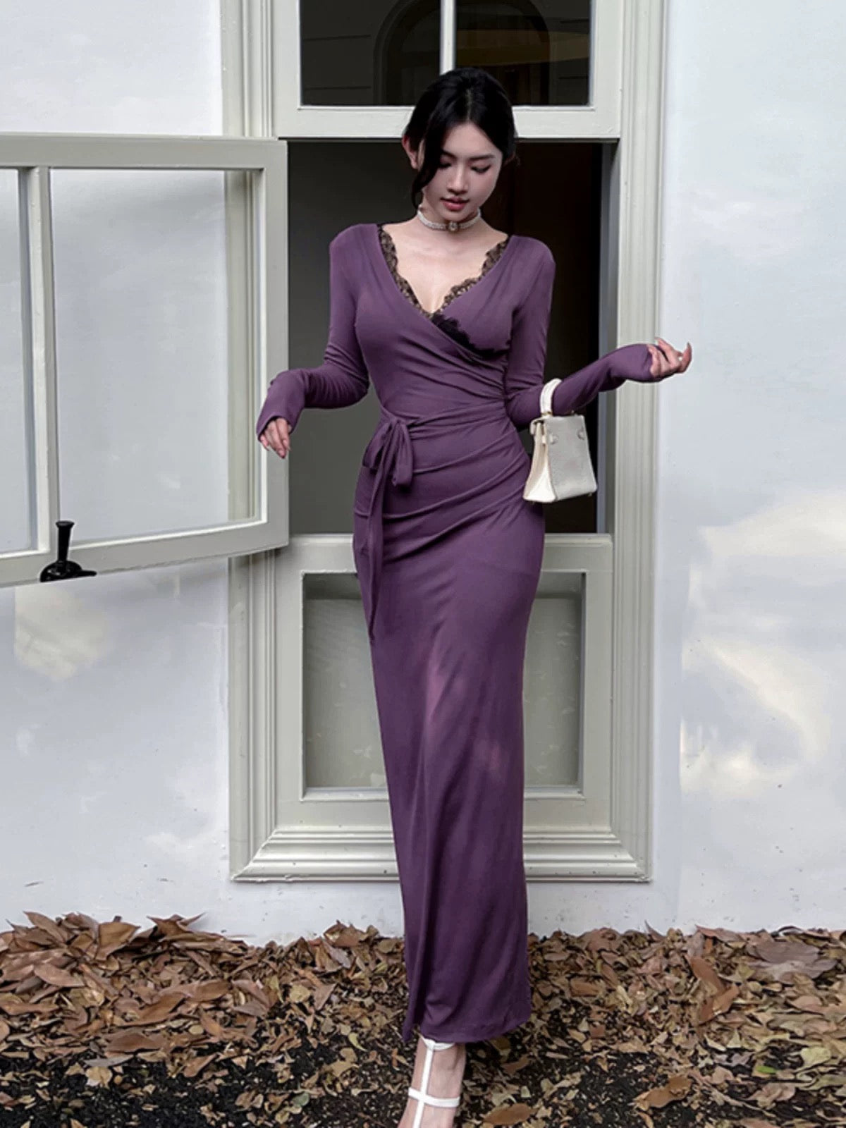 GirlsAt18 Sexy Lace Spliced Long Sleeve Dress Women's Autumn and Winter Waist Dress Royal Sister Style Purple Long Dress