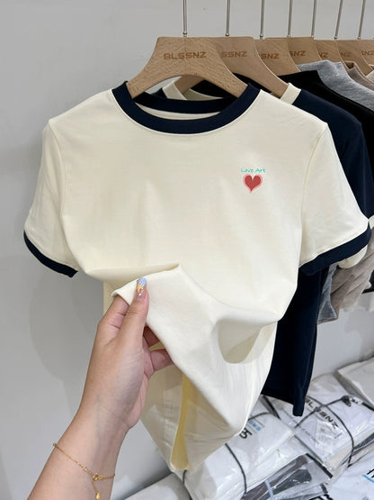 Blue love printed short-sleeved T-shirt for women summer 2024 new loose slimming niche design short top