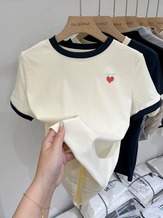 Blue love printed short-sleeved T-shirt for women summer 2024 new loose slimming niche design short top