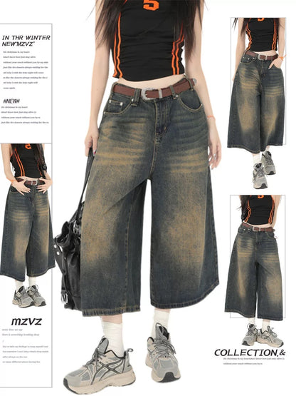 MZVZ American retro seven-point denim shorts women's summer washed old hot girl high waist straight wide leg pants summer