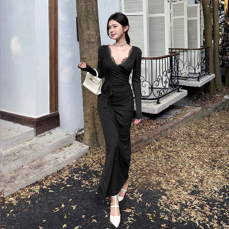GirlsAt18 Sexy Lace Spliced Long Sleeve Dress Women's Autumn and Winter Waist Dress Royal Sister Style Purple Long Dress